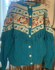 Vtg 80s Hand Knit Fringe Cardigan Sweater Granny Cottage Floral Boho Size M