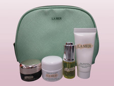 LA MER BEAUTY BAG SET EYE CONCENTRATE, MOISTURIZING CREAM, RENEWAL OIL, MASK.