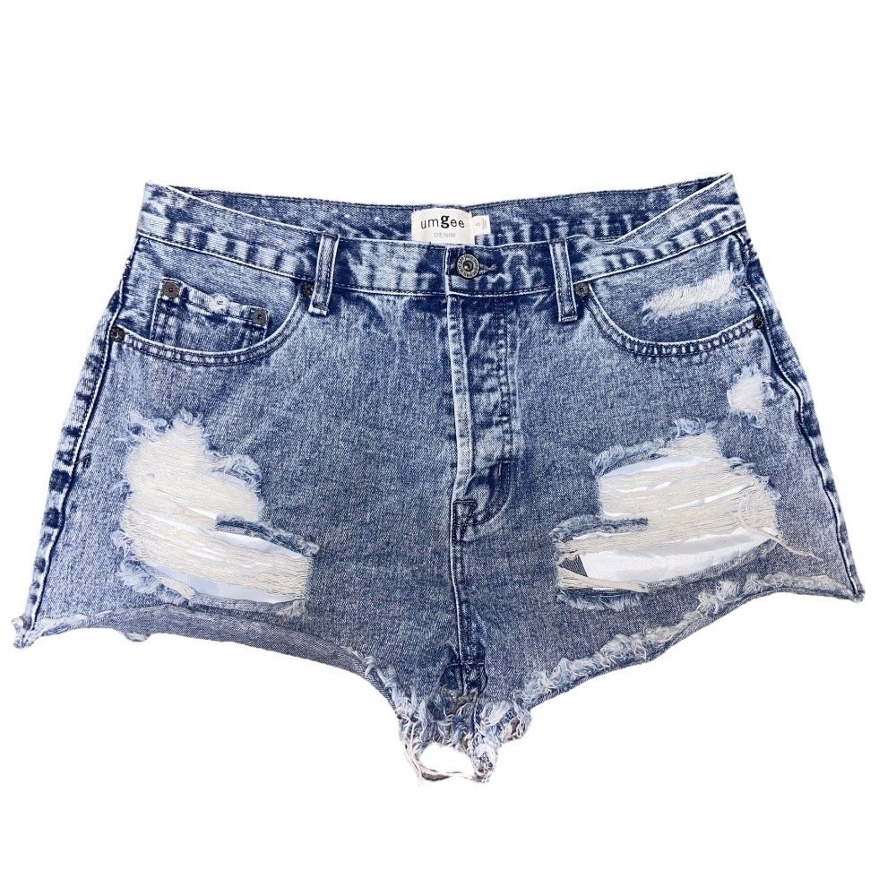 Umgee Denim Shorts Distressed Ripped Raw Hem Acid Wash Blue Jean Juniors Size 5