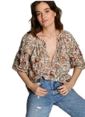 Love the Label Women's Tunic Top XS Botanical Balloon Sleeve Multi Color #C