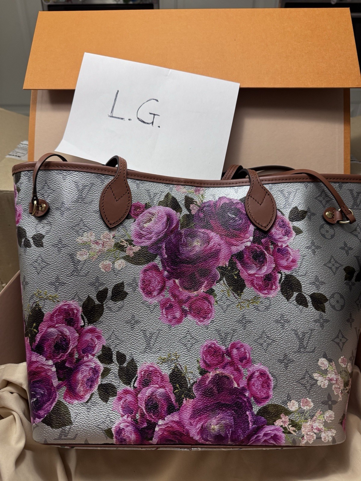 LOUIS VUITTON NEVERFULL MM GARDEN FLOWER ROSES SILVER BAG NEW, RARE image 10