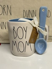 Rae Dunn Boy Mom White & Light Blue Coffee Tea Mug w/ Stirring Spoon, NEW!!