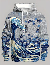 Japanese-Inspired Cat  Wave Graphic 3D All Over Print Hoodie Unisex S-5XL