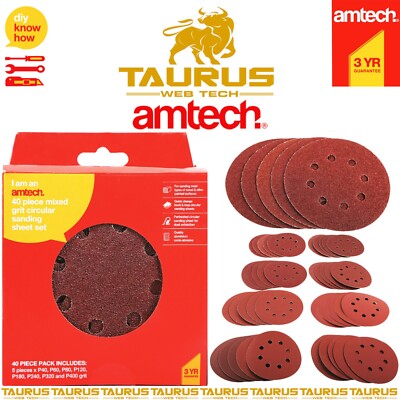40 x AMTECH gemischte Körnung Aluminiumoxid RUND Schleifblätter Set Schleifpapier UK