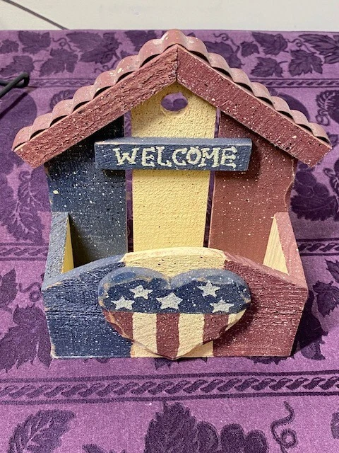 Rustic Red White Blue Patriotic American Hanging Wooden Wall Organizer 7.5x6x3" - Image 2 of 4