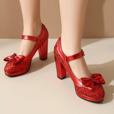 Women's Round Toe High Block Heel Sequin Bowknot Buckle Platform Shoes Oversize