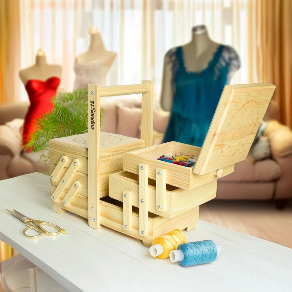 XXL Handgefertigter Nähkasten Natur Groß Handgeschnitzter Kasten Nähzeug Nähkorb - Bild 2 von 4