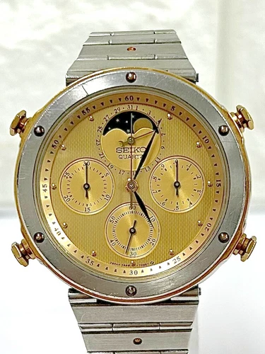 Rare Seiko Chronograph Moonphase 7A48-7010 Quartz Vintage Mens In Working Order