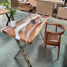 White Epoxy Resin Console Table Top, Epoxy Resin Live Edge Wooden Table Top Deco