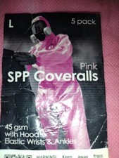 DISPOSABLE COVERALLS Scrubs Nurses/Doctors LARGE, 5 PACK, 45 GSM, HOODED-PINK
