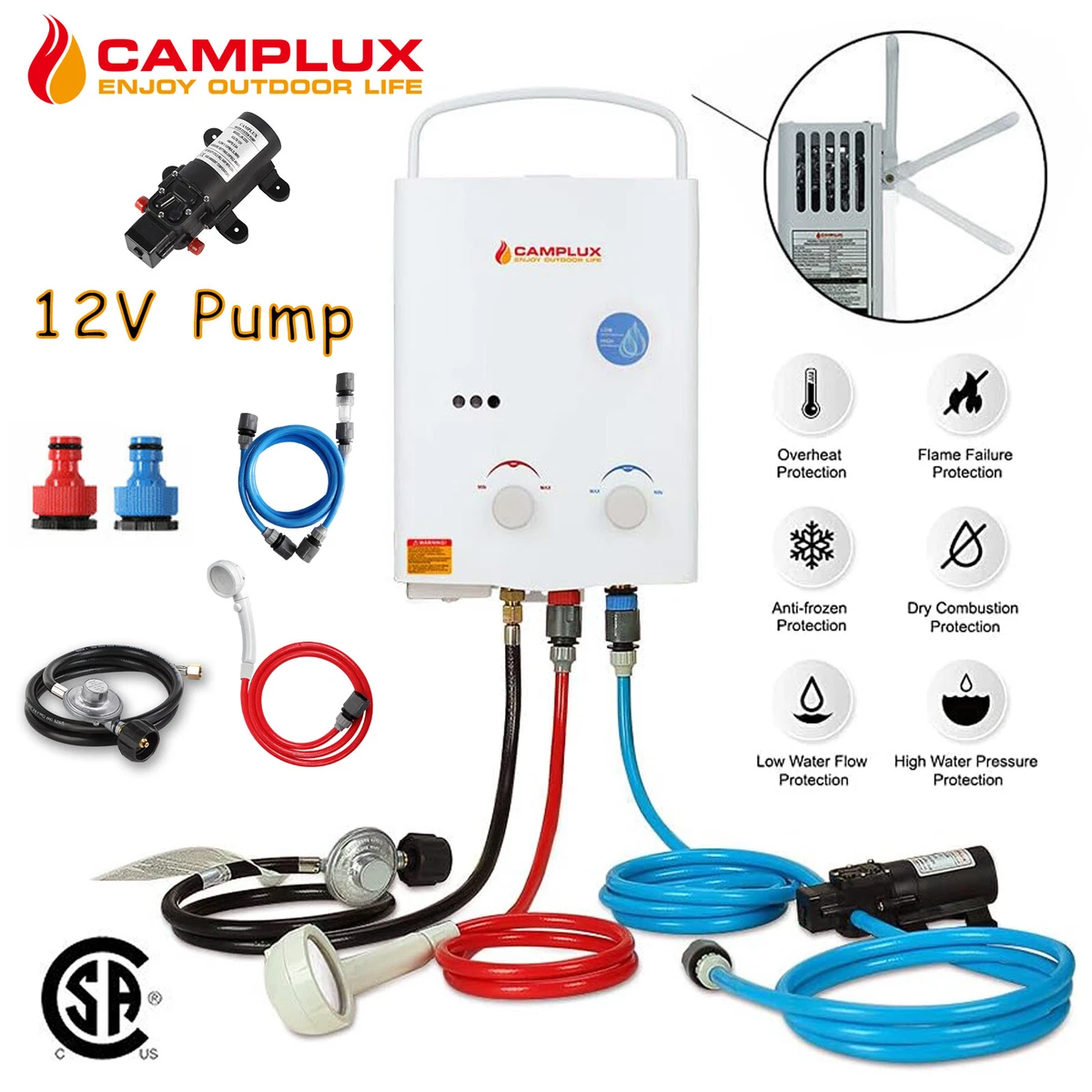 Camplux Propane Gas Outdoor Hot Water Heater W/12V Pump On Demand Camping  Shower | eBay