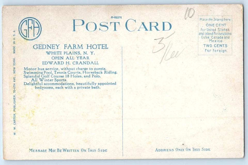c1920 White Plains New York Vintage Postcard Gedney Farm Hotel Edward Crandall - Image 2 of 2