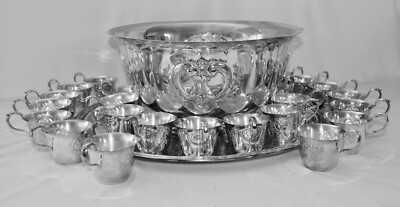 Webster Wilcox Silver Plated PUNCH BOWL, 24 CUPS, 1 TRAY. Embossed