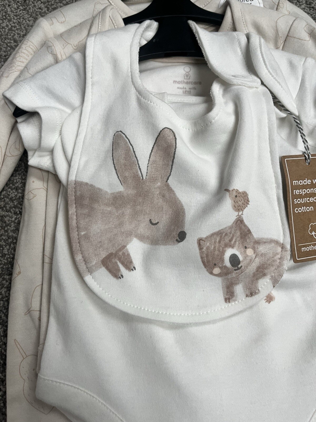 Mothercare  baby grow 3-6 months 3 pack neutral colours baby mittens hat and bib