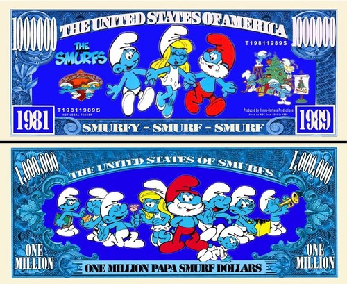 Smurfs Novelty Dollar Bills comes In a Soft Polly Sleeve