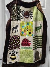 Patchwork Minky Blanket With Embroidery for Baby and Kid Crib Bugs Insect Garden