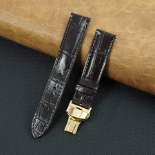 21mm Dark Brown Crocodile Watch Band Padded Leather Strap Gold Deployment Buckle