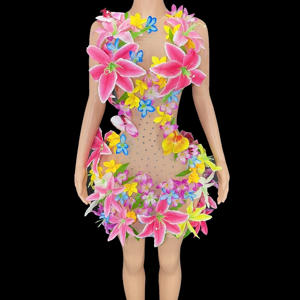 New Sexy Nude Mesh Flowers Dress Women Costume Show Stage Wear Birthday  Dress | eBay