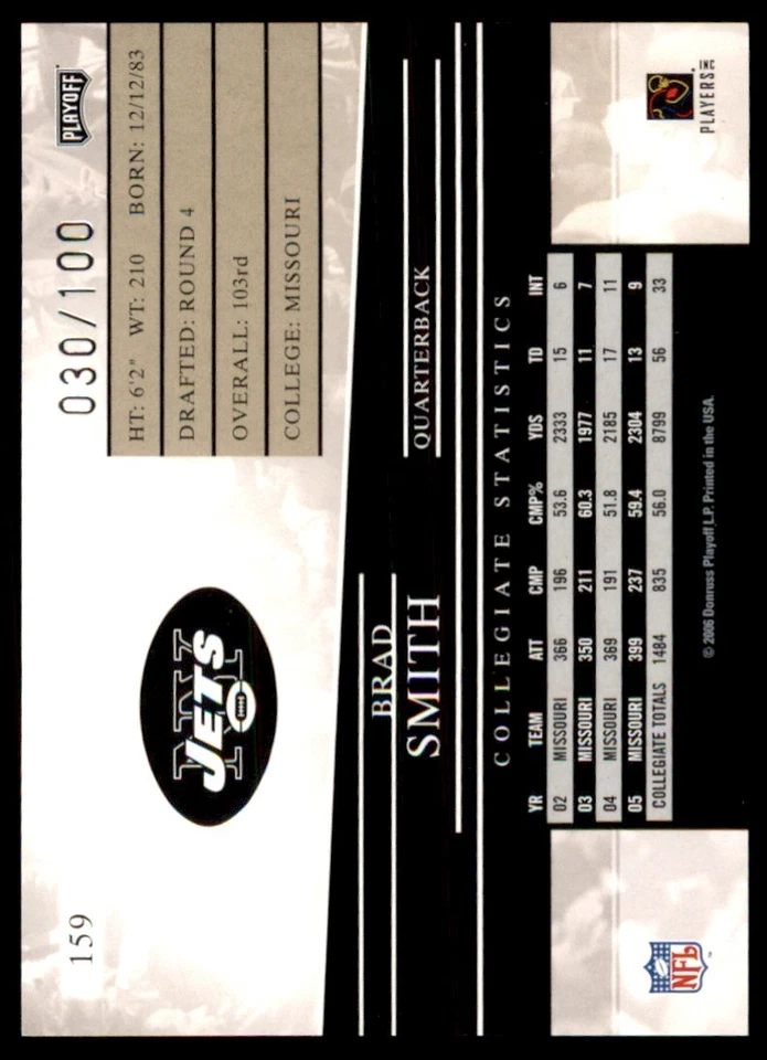 2006 Playoff Prestige Xtra Points Red Brad Smith RC /100 Jets #159 *Noles2148* - Image 2 of 2