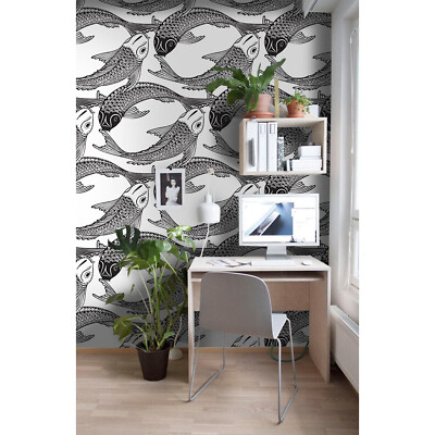 Fish Koi Non-woven wallpaper black and white Home wall mural design Wallcover
