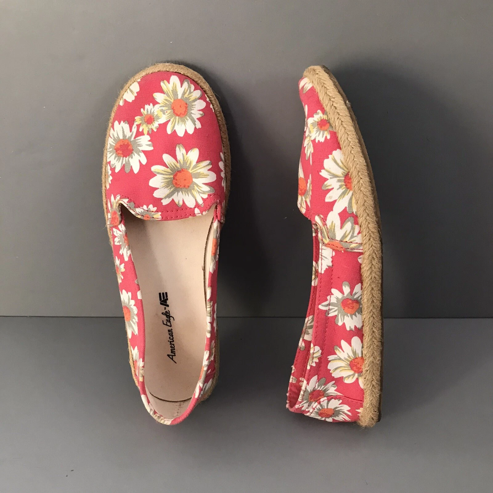 American Eagle Canvas Big Daisies Slip On Espadrille Flats Shoe Hot Pink 7 Rare