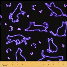 Cosmic Feline Fabric: Luminescent Stars & Moon, Neon Purple