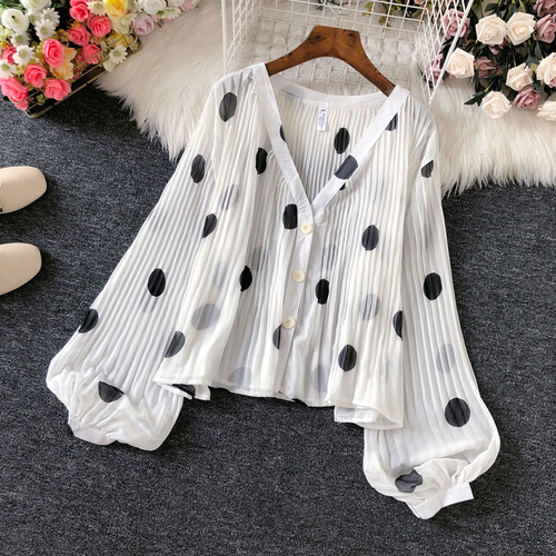 Women Puff Sleeve Cardigan Polka Dots Coat Jacket Pleated Loose Casual Tops - Picture 9 of 11