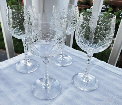 Rare Set of Four Vintage Rock Sharpe Crystal Etched Baden Wine