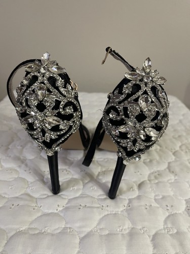 Black Satin 4” Ankle Strap Peep Toe Heels-Wedding Shoes, Prom Shoes, Size 39 - Picture 6 of 8