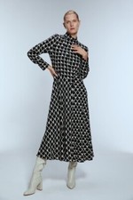 Zara women size L Black & White Geometric Print Midi Dress Mock Neck long sleeve