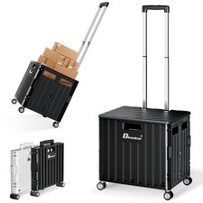 Folding Utility Cart with Lid, Portable Rolling Crate Handcart Collapsible Sh...