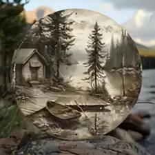 Vintage Winter Forest Landscape Round Metal Wall Art Cabin Decor