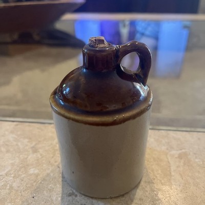 Vintage Two-Tone Stoneware Mini Whiskey Jug with Cork Stopper Inside 4.25 