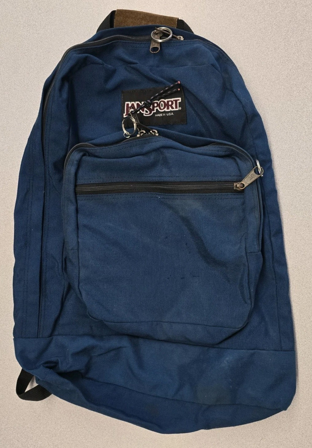 VTG Jansport Blue Backpack USA Made Rare Day Bag Full Zip Open Suede Handle