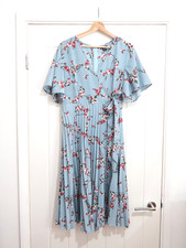 Floral Midi Wrap Dress Pleated Tea Summer Short Sleeves Wedding Party - Size 16