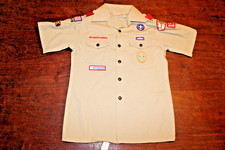 Boy Scouts of America BSA Youth Shirt Tan Large Sewn Patches Short Sleeve
