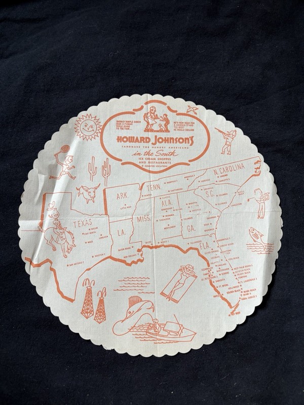 1959 Howard Johnson's Paper Placemat Map - South - Restaurant Locations