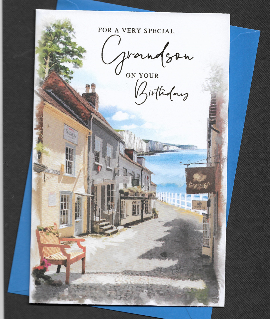 Grandson Birthday Card 9""x6"" Traditional Greeting Cottages Costal Harbour Scene