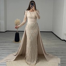 Shiny Champagne Mermaid Prom Dresses Long Sleeves Detachable Train Evening Gowns