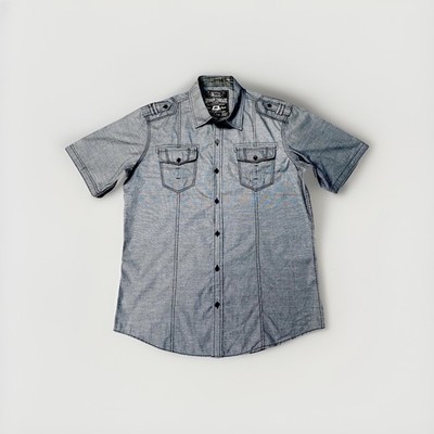 Broken Threads Short Sleeve Button Up Men s Blue Grey Trim Collar Shirt XL