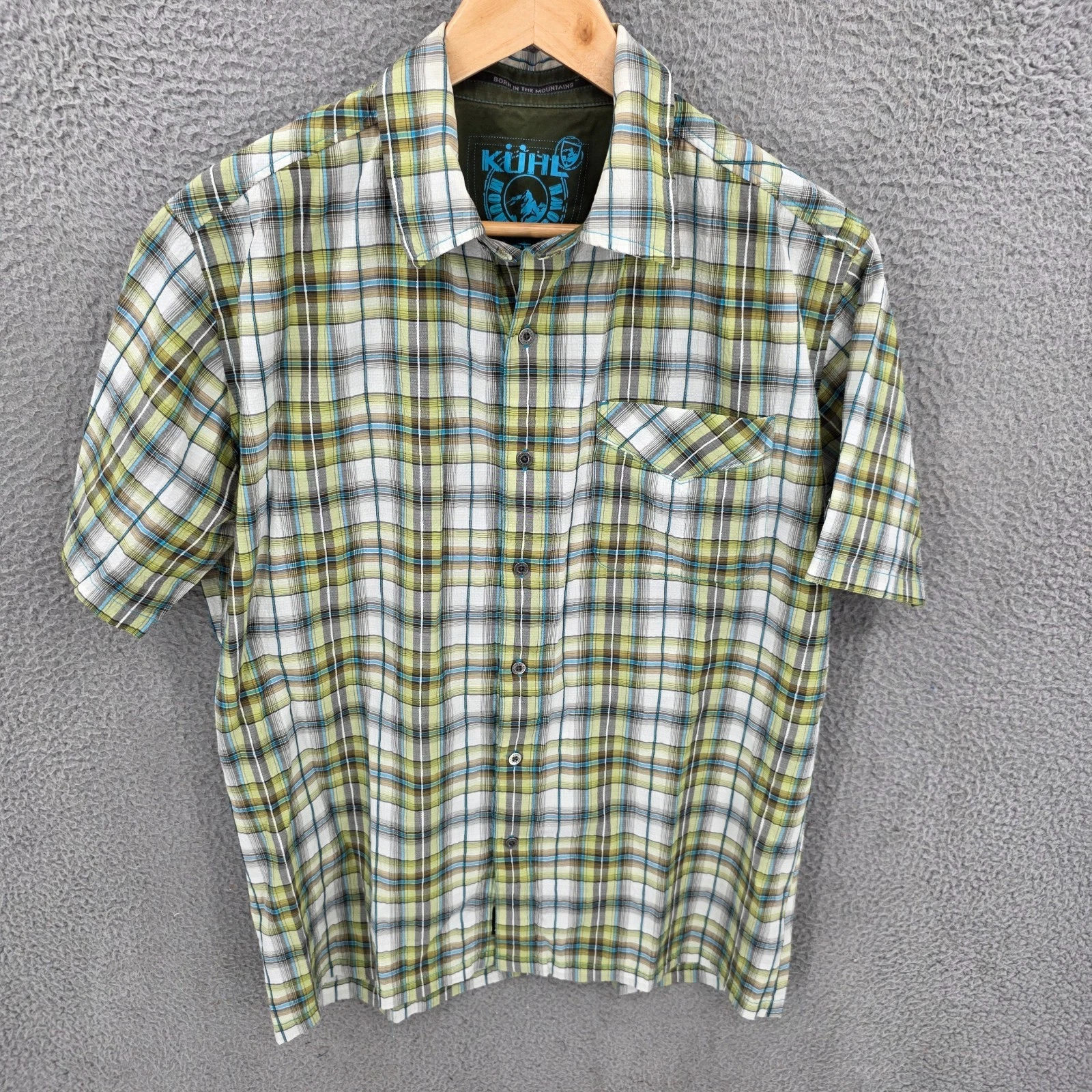 Kuhl Shirt Mens Medium Green Plaid Seersucker Short Sleeve Button Up Hiking