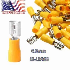 100pcs Yellow 6.3mm Female Spade Terminal Crimp 12-10AWG Wire Connectors