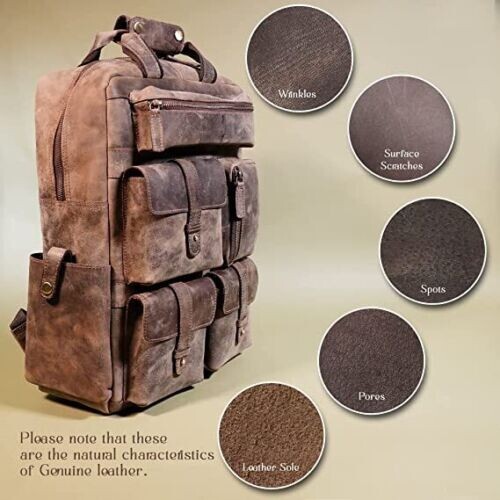 Genuine Leather Backpack multi function pockets Retro Style VTG look Laptop Bag