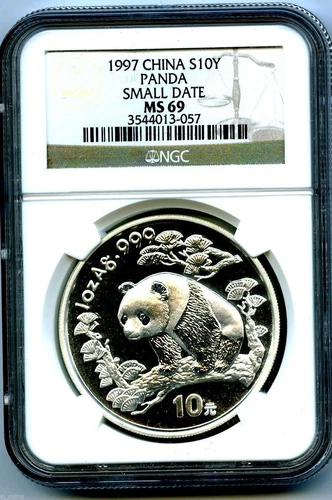 1997 1 OZ SILVER PANDA CHINA NGC MS69 SMALL DATE 10 YN .999 FINE S10Y CHINESE