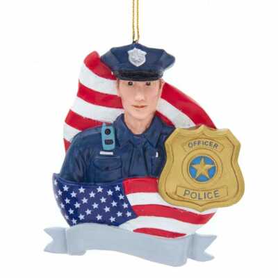 KURT ADLER 4'' RESIN POLICEMAN w/FLAG & BADGE CHRISTMAS ORNAMENT D3909