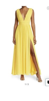 Love By Design Athen Plunging V-neck Maxi Dress Front Side Slit Yellow Size S