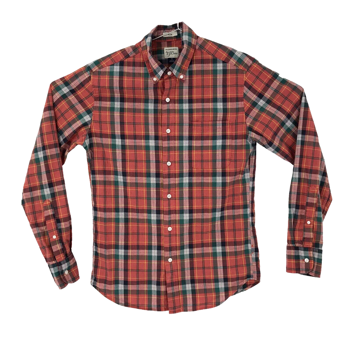 Sewn For J. Crew 100% Cotton Shirting Red Green Plaid Button Down Shirt