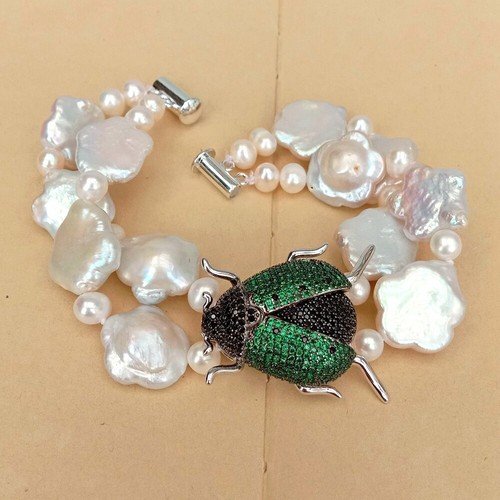 2 Strands Cultured Pearl Flower Shape Bracelet Beads Cz Pave Beetle Connector - Picture 3 of 5