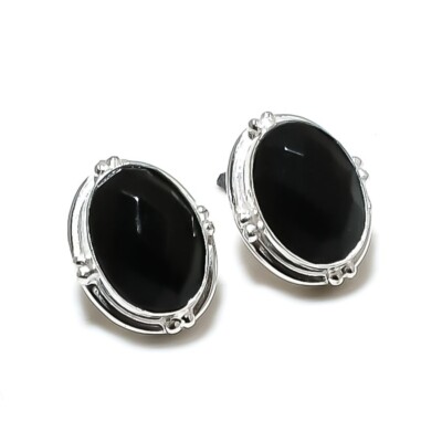 Black Spinel Gemstone Handmade 925 Starling Silver Jewelry Stud Earring Sz 0.75''