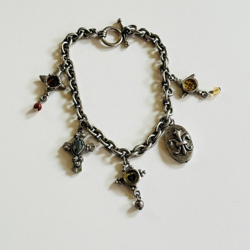 Cross Charm Bracelet KBD Studios Signed dangle statement Crystal Silver stone